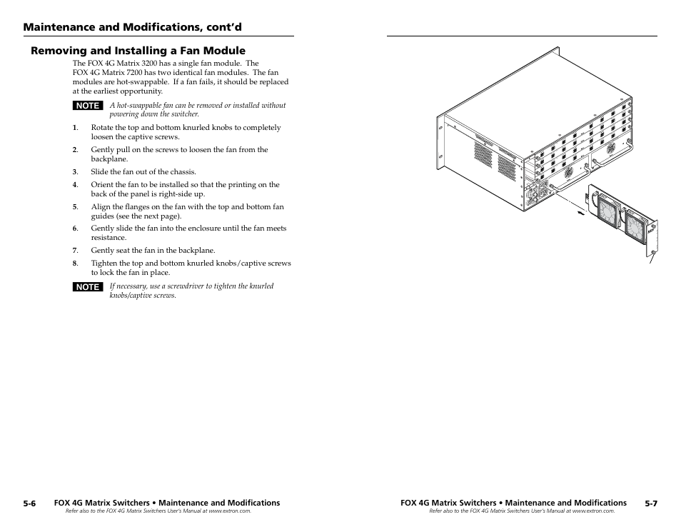 Removing and installing a fan module, Modifications", to replace the fan | Extron Electronics FOX 4G Matrix 7200 Setup Guide User Manual | Page 22 / 23