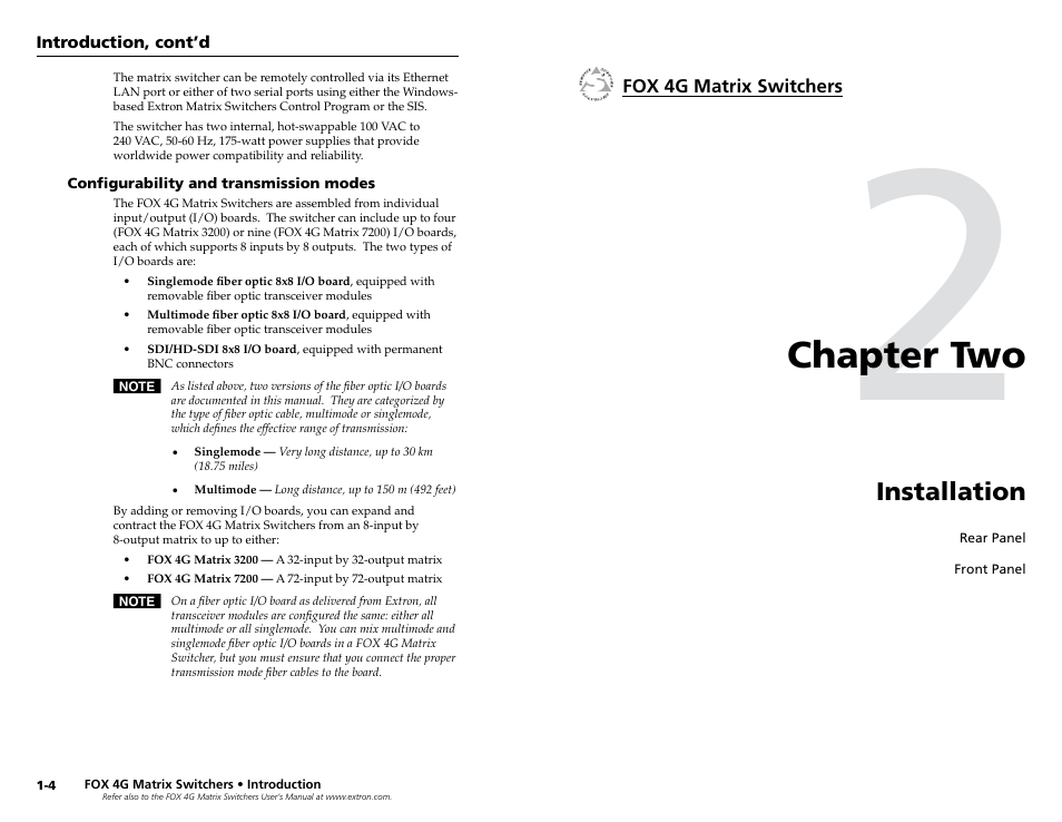 Configurability and transmission modes, Chapter 2 • installation, Configurability and transmission modes -4 | Chapter two • installation, Chapter two, Installation | Extron Electronics FOX 4G Matrix 7200 Setup Guide User Manual | Page 7 / 23