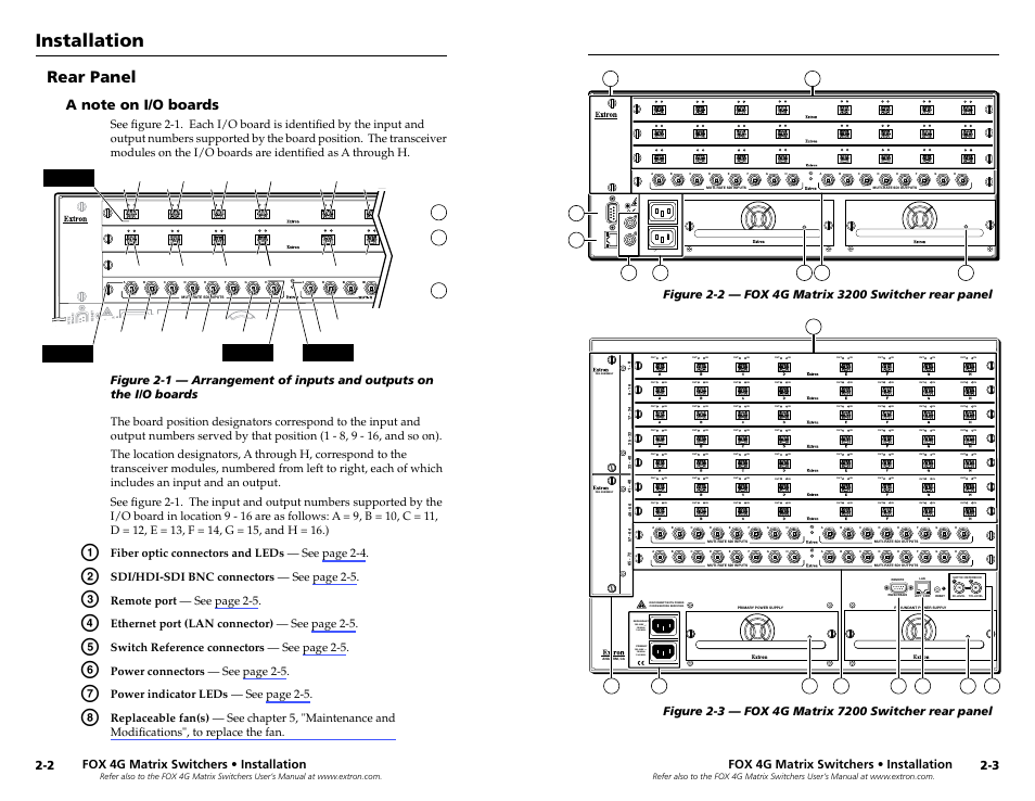 Rear panel, A note on i/o boards, A note on i/o boards -2 | Installation, Fox 4g matrix switchers • installation, Fiber optic connectors and leds — see page 2-4, Sdi/hdi-sdi bnc connectors — see page 2-5, Remote port — see page 2-5, Ethernet port (lan connector) — see page 2-5, Switch reference connectors — see page 2-5 | Extron Electronics FOX 4G Matrix 7200 Setup Guide User Manual | Page 8 / 23