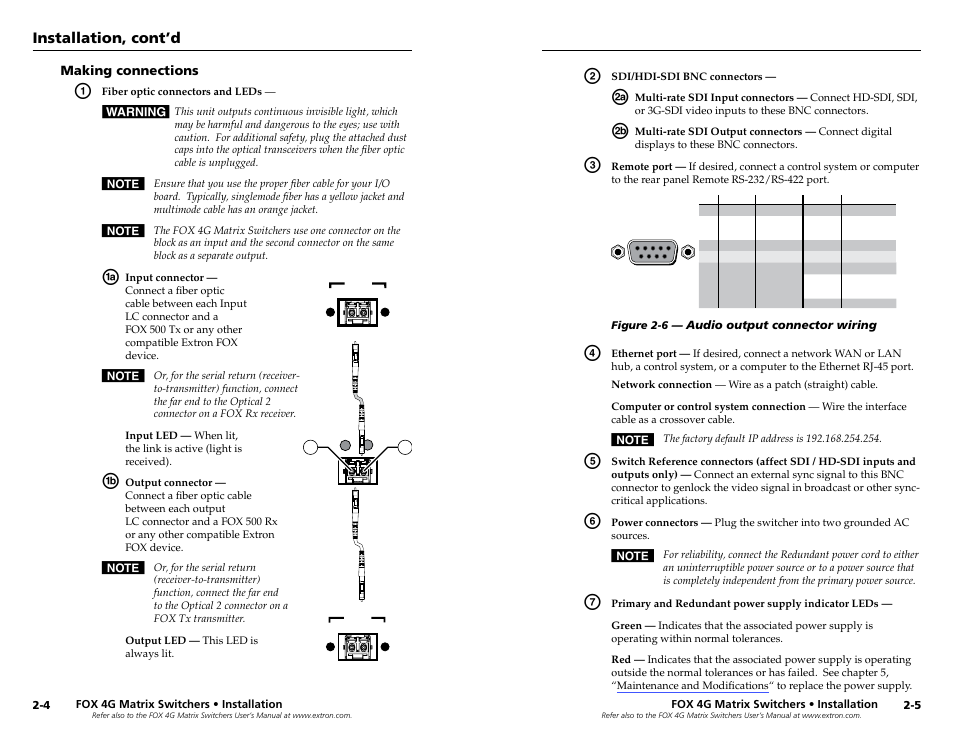 Making connections, Making connections -4, Connect the hardware | Installation, cont’d | Extron Electronics FOX 4G Matrix 7200 Setup Guide User Manual | Page 9 / 23