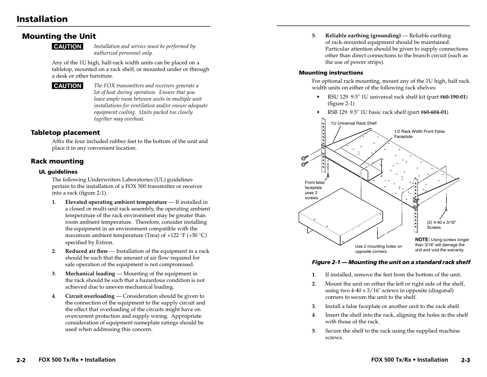 Mounting the unit, Tabletop placement, Rack mounting | Ul guidelines, Mounting instructions, Tabletop placement -2 rack mounting -2, Ul guidelines -2 mounting instructions -3, Installation | Extron Electronics FOX 500 DVI Tx User Guide User Manual | Page 10 / 46
