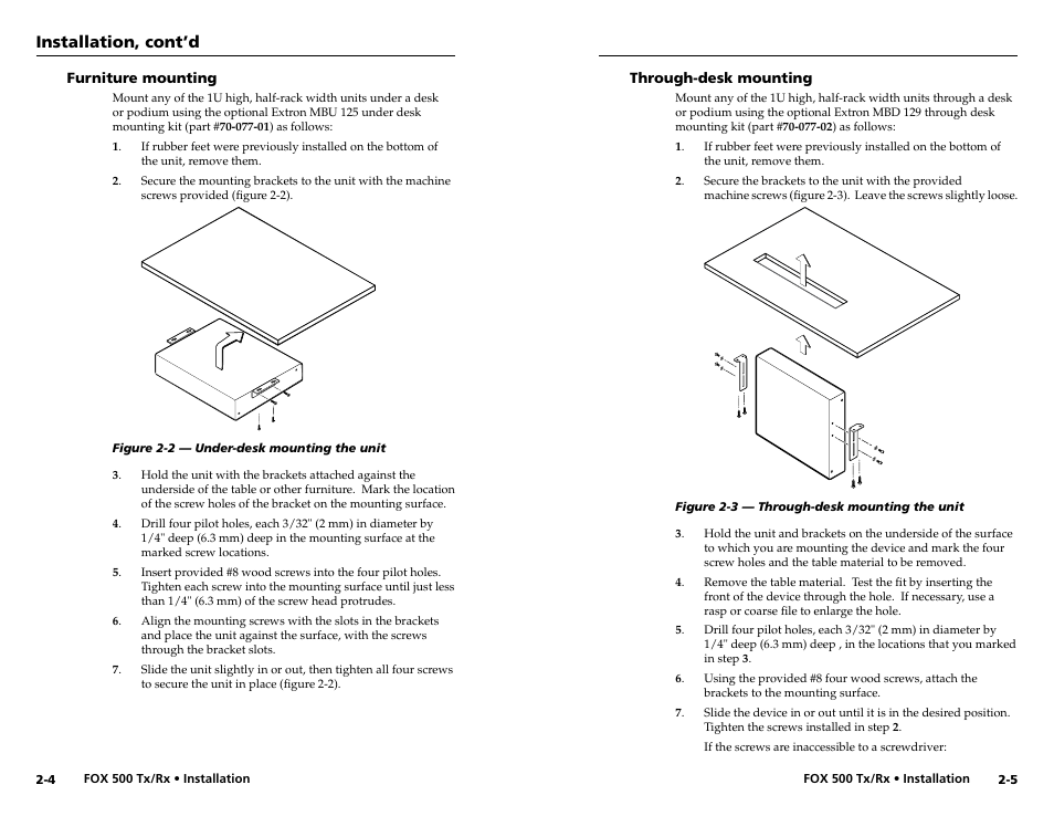 Furniture mounting, Through-desk mounting, Furniture mounting -4 through-desk mounting -5 | Installation, cont’d | Extron Electronics FOX 500 DVI Tx User Guide User Manual | Page 11 / 46