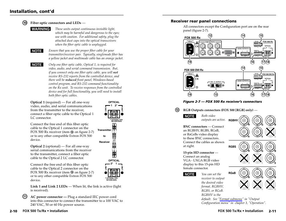 Receiver rear panel connections, Receiver rear panel connections -11, If you connect only one fiber optic cable (item | Installation, cont’d | Extron Electronics FOX 500 DVI Tx User Guide User Manual | Page 14 / 46