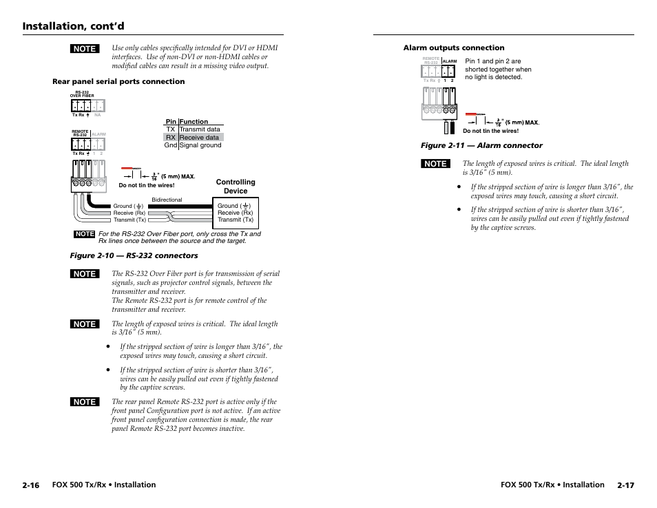 Rear panel serial ports connection, Alarm outputs connection, See "rear panel serial ports connections | Captive screw connector, See "rear panel serial, To wire this connector, Rear panel serial ports connections, Installation, cont’d | Extron Electronics FOX 500 DVI Tx User Guide User Manual | Page 17 / 46