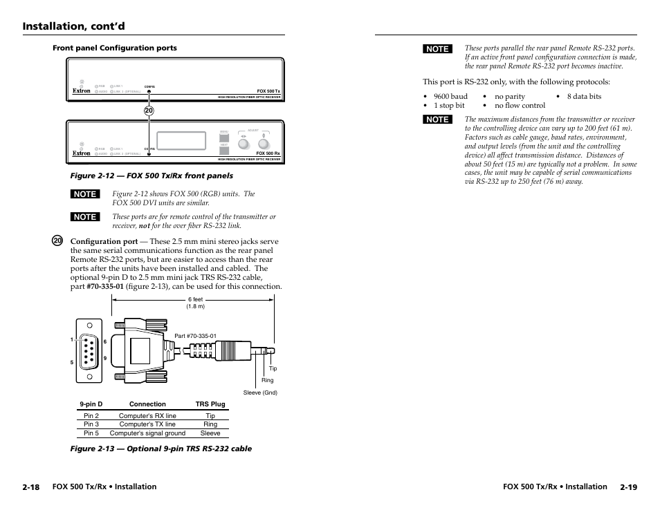 Front panel configuration ports, Front panel configuration ports -18, Installation, cont’d | Extron Electronics FOX 500 DVI Tx User Guide User Manual | Page 18 / 46