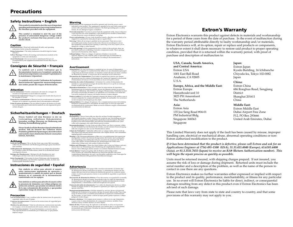 Precautions, Extron’s warranty, Instrucciones de seguridad • español | Extron Electronics FOX 500 DVI Tx User Guide User Manual | Page 2 / 46