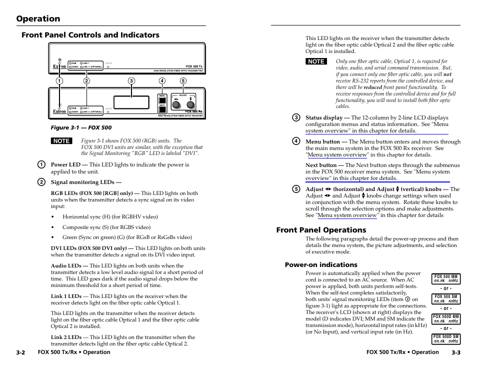 Front panel controls and indicators, Front panel operations, Power-on indications | Power-on indications -3, Operation | Extron Electronics FOX 500 DVI Tx User Guide User Manual | Page 20 / 46