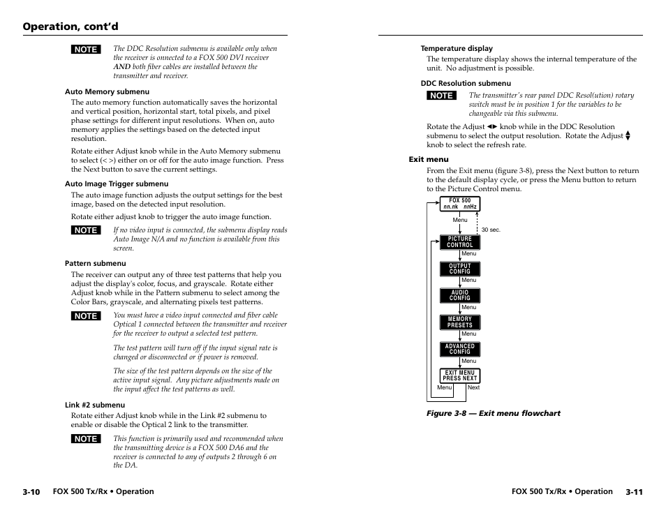 Exit menu, Exit menu -11, Operation, cont’d | Extron Electronics FOX 500 DVI Tx User Guide User Manual | Page 24 / 46
