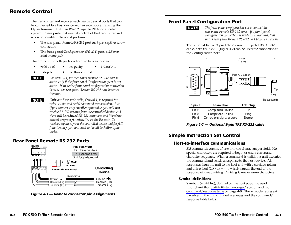 Rear panel remote rs-232 ports, Front panel configuration port, Simple instruction set control | Host-to-interface communications, Symbol definitions, Host-to-interface communications -3, Symbol definitions -3, Remote control | Extron Electronics FOX 500 DVI Tx User Guide User Manual | Page 26 / 46