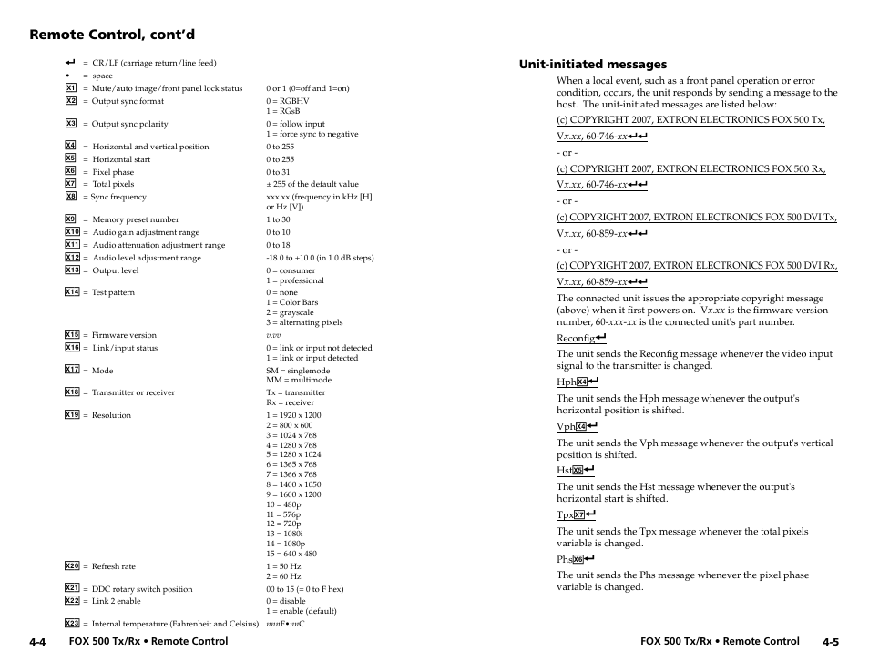Unit-initiated messages, Unit-initiated messages -5, Remote control, cont’d | Extron Electronics FOX 500 DVI Tx User Guide User Manual | Page 27 / 46