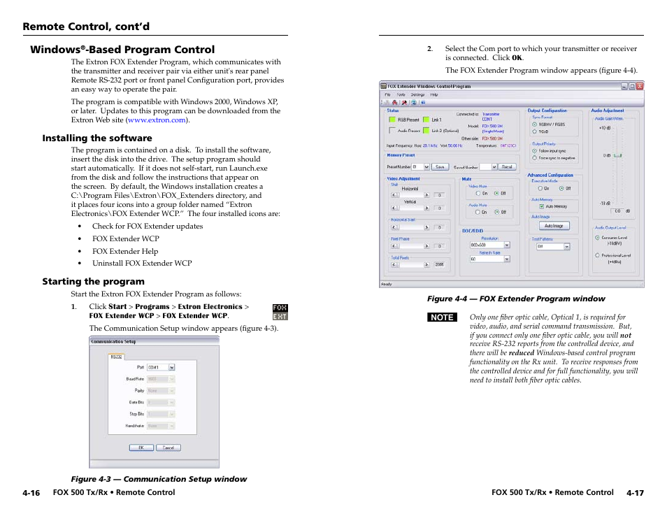 Windows®-based program control, Installing the software, Starting the program | Windows, Based program control, Remote control, cont’d | Extron Electronics FOX 500 DVI Tx User Guide User Manual | Page 33 / 46
