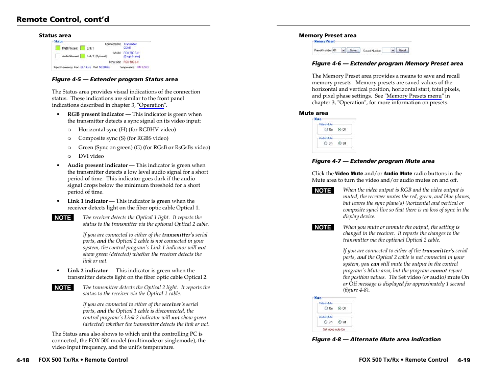 Status area, Memory preset area, Mute area | Remote control, cont’d | Extron Electronics FOX 500 DVI Tx User Guide User Manual | Page 34 / 46