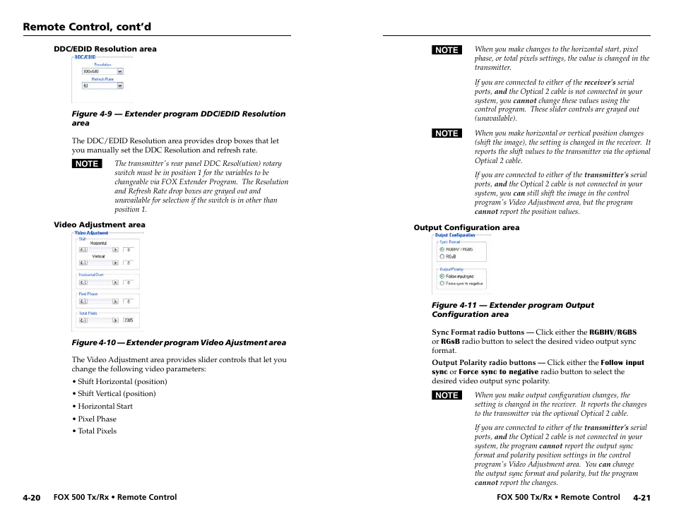 Ddc/edid resolution area, Video adjustment area, Output configuration area | Remote control, cont’d | Extron Electronics FOX 500 DVI Tx User Guide User Manual | Page 35 / 46