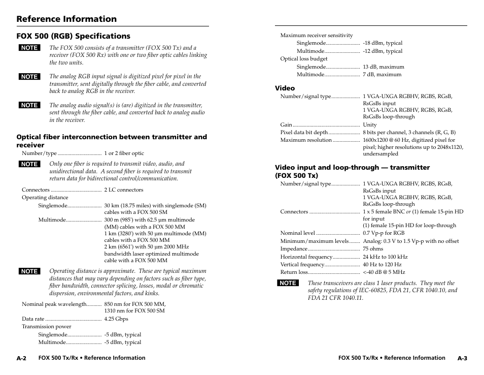 Fox 500 (rgb) specifications, Fox 500 (rgb) specifications, Reference information | Extron Electronics FOX 500 DVI Tx User Guide User Manual | Page 40 / 46