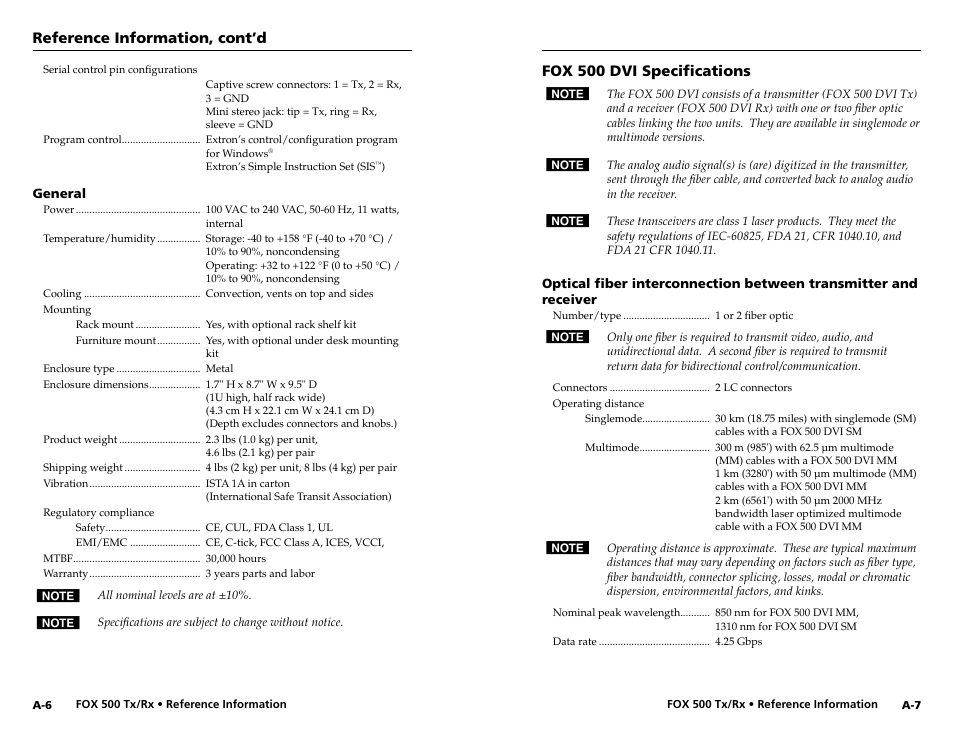 Fox 500 dvi specifications, Reference information, cont’d | Extron Electronics FOX 500 DVI Tx User Guide User Manual | Page 42 / 46