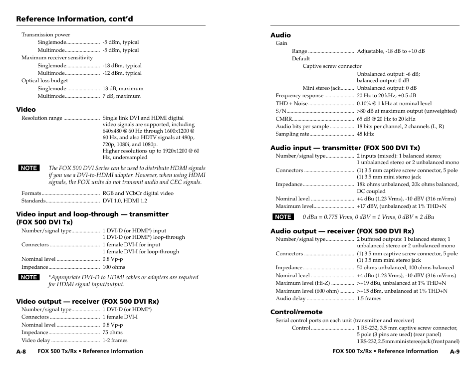 Reference information, cont’d | Extron Electronics FOX 500 DVI Tx User Guide User Manual | Page 43 / 46