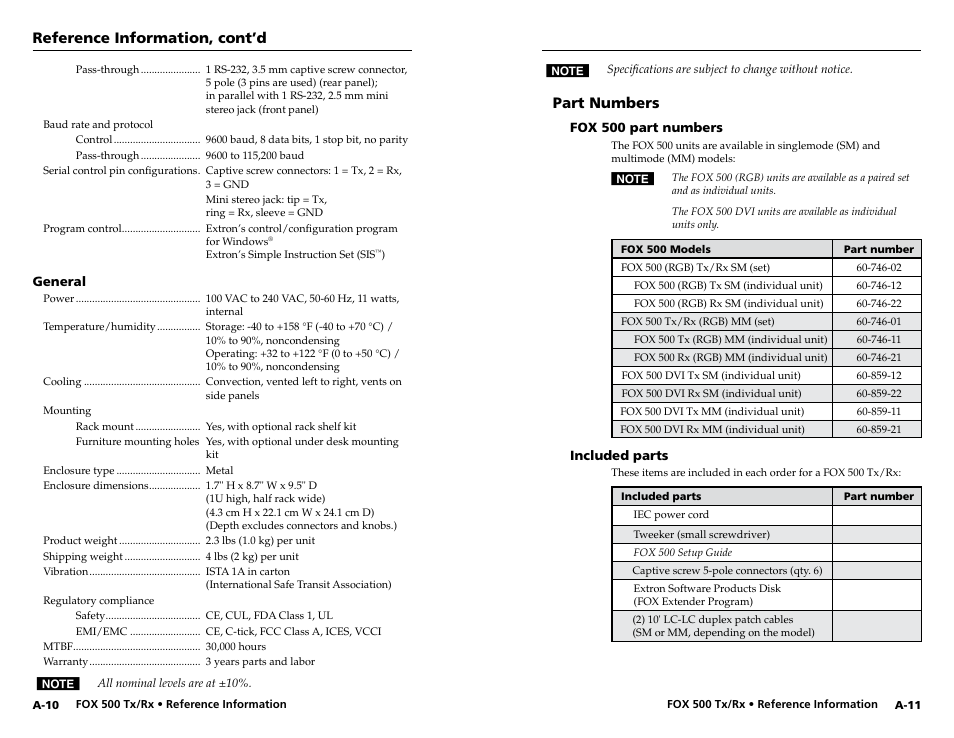 Part numbers, Fox 500 part numbers, Included parts | A-11, Reference information, cont’d | Extron Electronics FOX 500 DVI Tx User Guide User Manual | Page 44 / 46