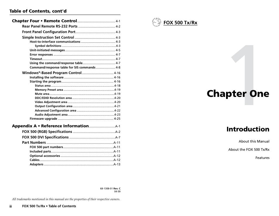 Chapter 1 • introduction, Chapter one, Introduction | Extron Electronics FOX 500 DVI Tx User Guide User Manual | Page 5 / 46