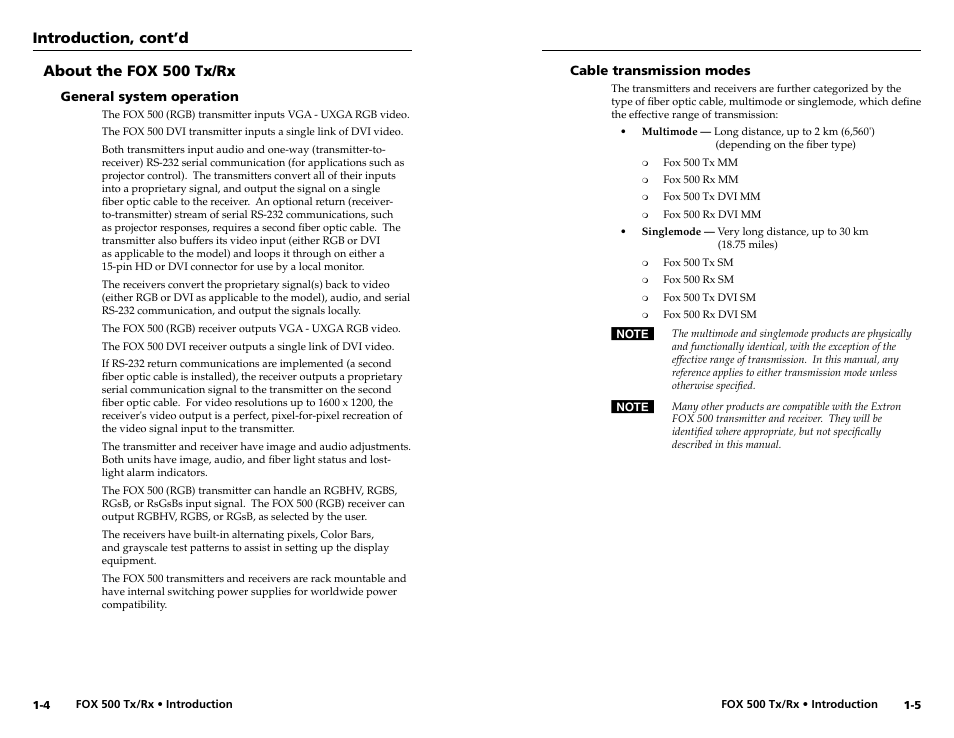 About the fox 500 tx/rx, General system operation, Cable transmission modes | Introduction, cont’d | Extron Electronics FOX 500 DVI Tx User Guide User Manual | Page 7 / 46