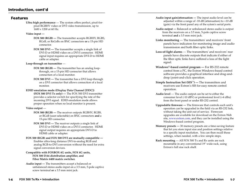 Features, Introduction, cont’d | Extron Electronics FOX 500 DVI Tx User Guide User Manual | Page 8 / 46