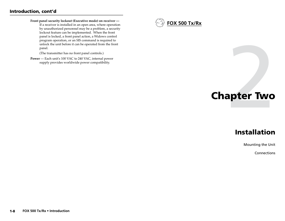 Chapter 2 • installation, Chapter two, Installation | Extron Electronics FOX 500 DVI Tx User Guide User Manual | Page 9 / 46
