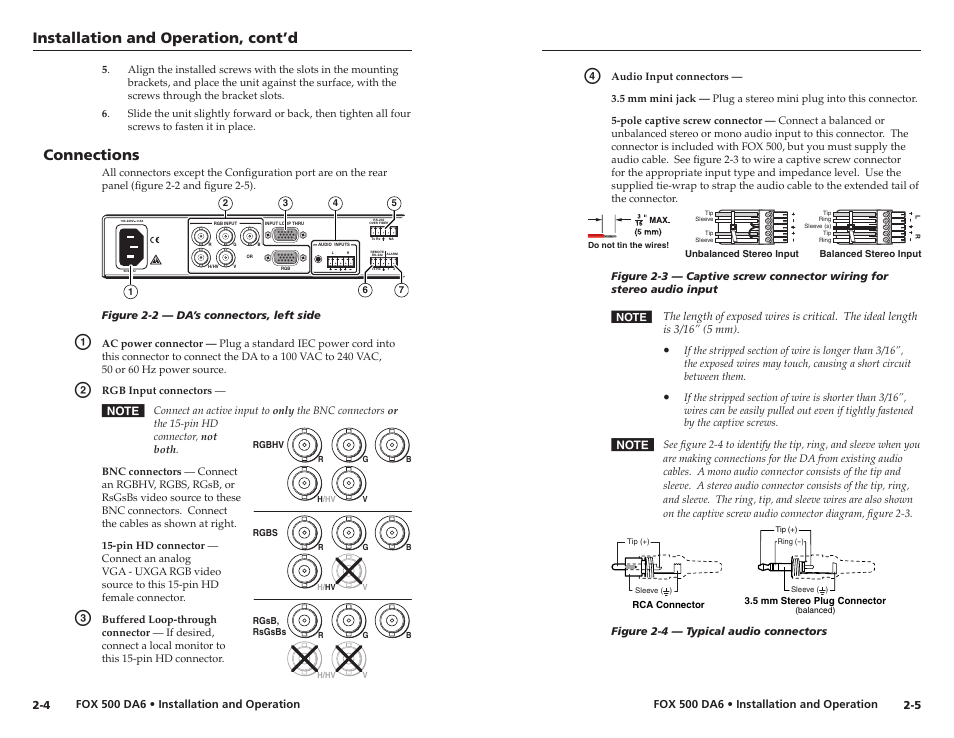 Connections, Transmitter rear panel connections, Transmitter rear panel connections -4 | Installation and operation, cont’d | Extron Electronics FOX 500 DA6 User Guide User Manual | Page 11 / 32