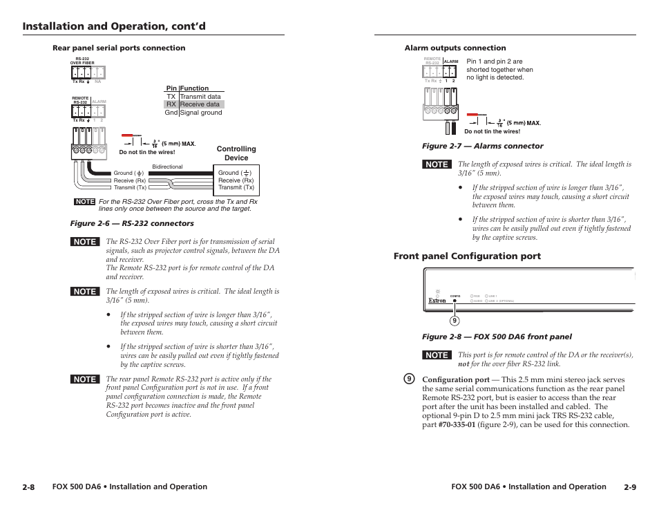 Rear panel serial ports connection, Alarm outputs connection, Front panel configuration port | Front panel configuration port -9, See "rear panel serial ports connection, Screw connector, See "rear panel serial ports, Installation and operation, cont’d | Extron Electronics FOX 500 DA6 User Guide User Manual | Page 13 / 32