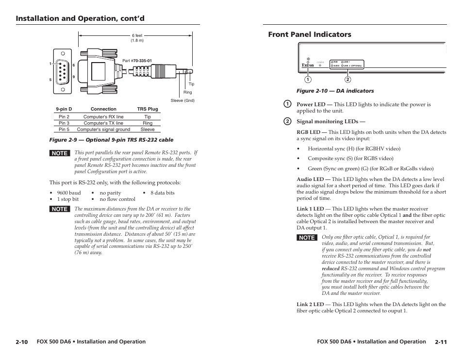 Front panel indicators, Installation and operation, cont’d | Extron Electronics FOX 500 DA6 User Guide User Manual | Page 14 / 32