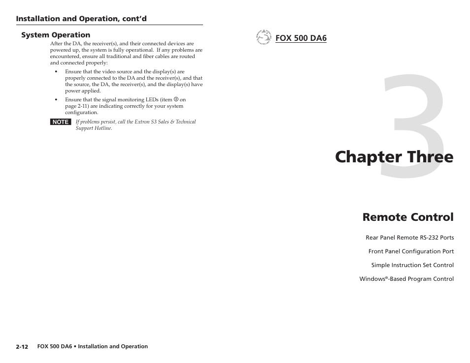 System operation, Chapter three • remote control, Chapter three | Extron Electronics FOX 500 DA6 User Guide User Manual | Page 15 / 32