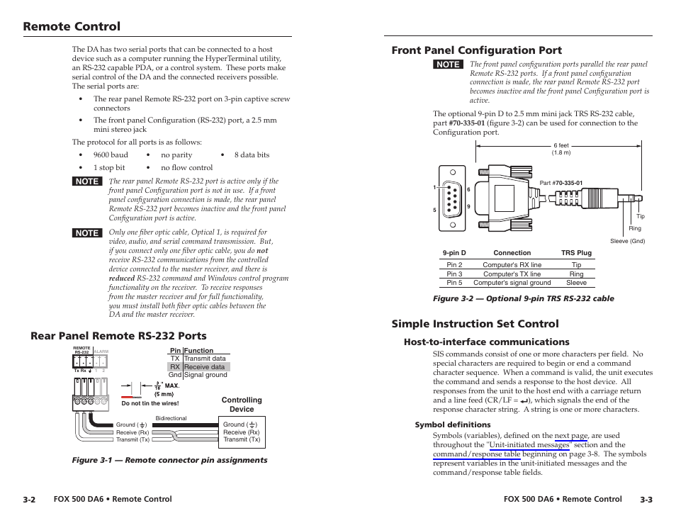 Rear panel remote rs-232 ports, Front panel configuration port, Simple instruction set control | Host-to-interface communications, Symbol definitions, Host-to-interface communications -3, Symbol definitions -3, Manual and see chapter 3, "remote control, See chapter 3, "remote control, Remote control | Extron Electronics FOX 500 DA6 User Guide User Manual | Page 16 / 32