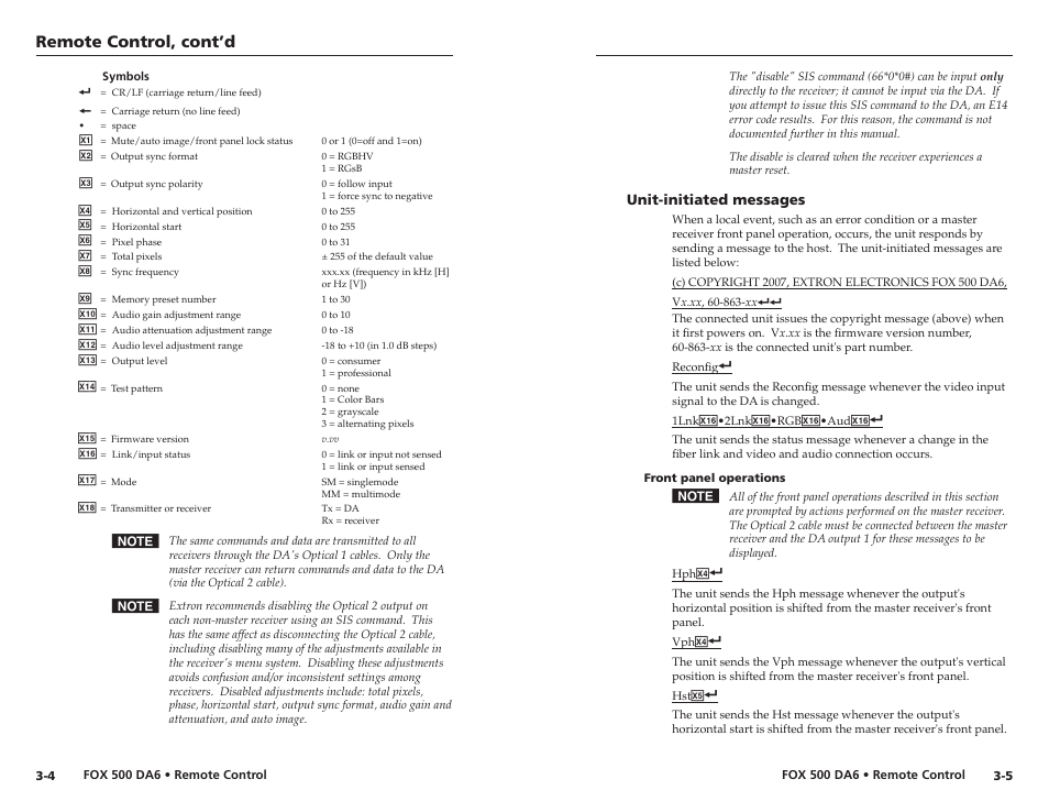 Unit-initiated messages, Front panel operations, Unit-initiated messages -5 | Front panel operations -5, Remote control, cont’d | Extron Electronics FOX 500 DA6 User Guide User Manual | Page 17 / 32