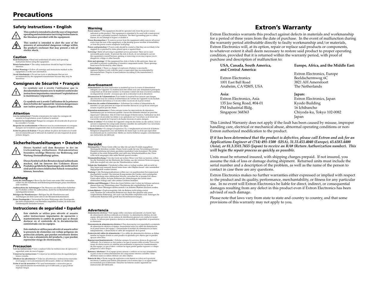 Precautions, Extron’s warranty, Instrucciones de seguridad • español | Extron Electronics FOX 500 DA6 User Guide User Manual | Page 2 / 32
