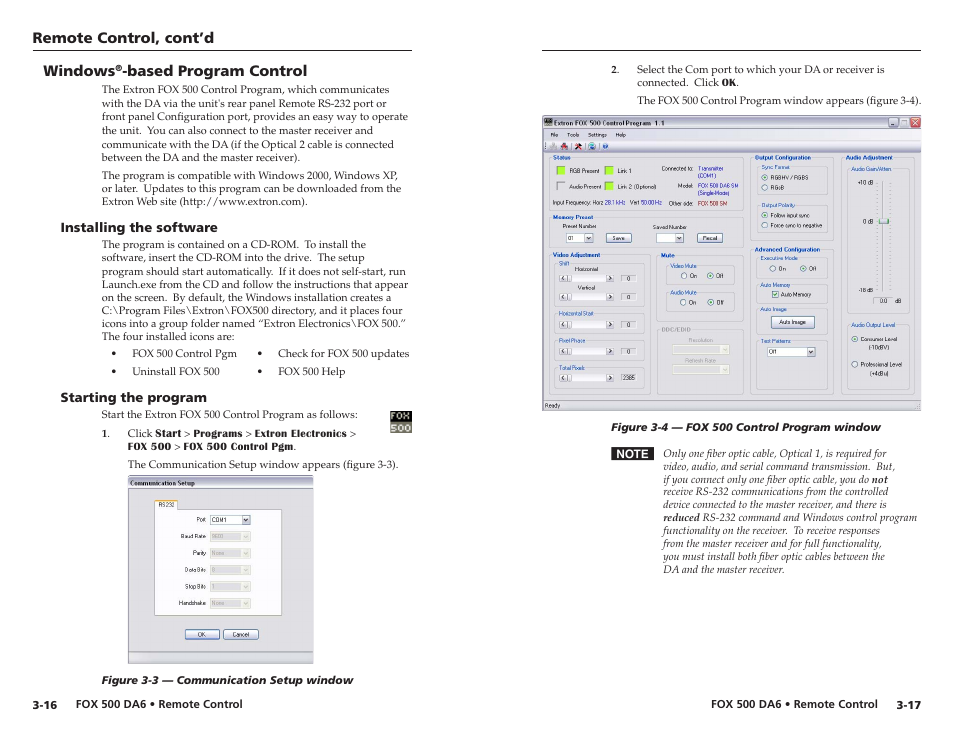 Windows®-based program control, Installing the software, Starting the program | Windows, Based program control, Remote control, cont’d | Extron Electronics FOX 500 DA6 User Guide User Manual | Page 23 / 32