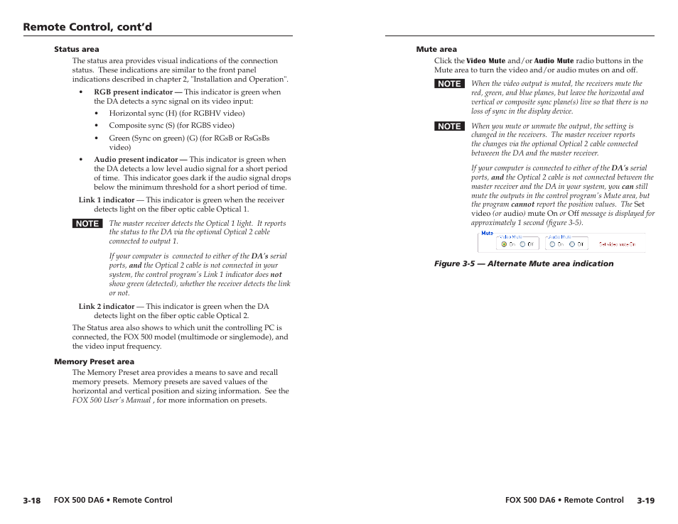 Status area, Memory preset area, Mute area | Remote control, cont’d | Extron Electronics FOX 500 DA6 User Guide User Manual | Page 24 / 32