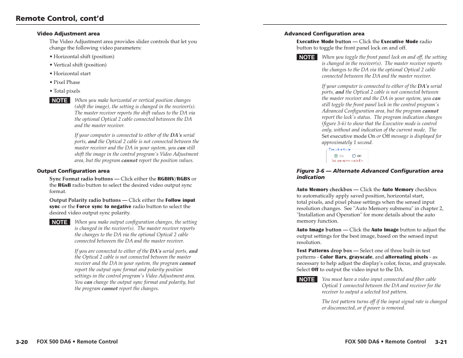 Video adjustment area, Output configuration area, Advanced configuration area | Remote control, cont’d | Extron Electronics FOX 500 DA6 User Guide User Manual | Page 25 / 32