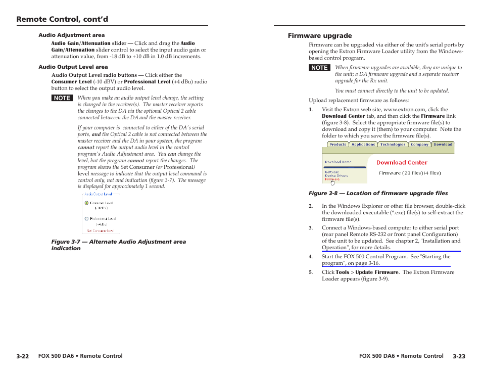 Audio adjustment area, Audio output level area, Firmware upgrade | Firmware upgrade -23, Remote control, cont’d | Extron Electronics FOX 500 DA6 User Guide User Manual | Page 26 / 32