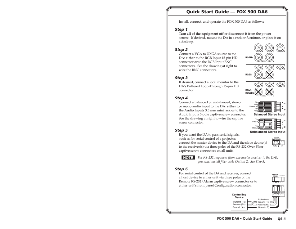 Quick start guide — fox 500 da6, Step 1, Step 2 | Step 3, Step 4, Step 5, Step 6 | Extron Electronics FOX 500 DA6 User Guide User Manual | Page 4 / 32