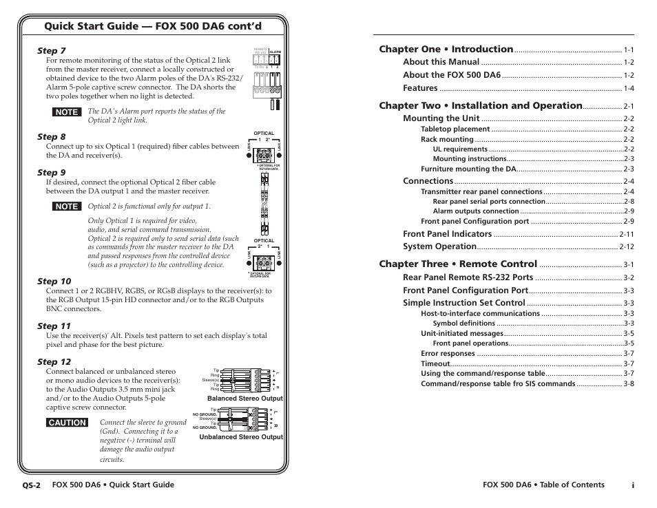 Quick start guide — fox 500 da6 cont’d, Chapter one • introduction, Chapter two • installation and operation | Chapter three • remote control | Extron Electronics FOX 500 DA6 User Guide User Manual | Page 5 / 32
