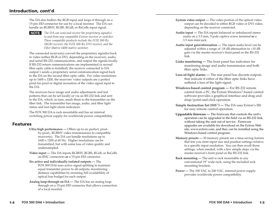 Features, Introduction, cont’d | Extron Electronics FOX 500 DA6 User Guide User Manual | Page 8 / 32