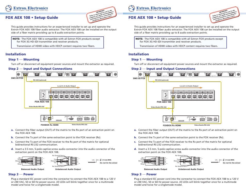 Extron Electronics FOX AEX 108 Setup Guide User Manual | 2 pages