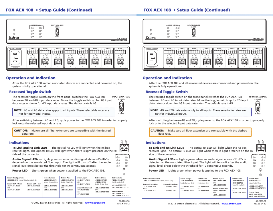 Fox aex 108 • setup guide (continued), Operation and indication, Recessed toggle switch | Indications | Extron Electronics FOX AEX 108 Setup Guide User Manual | Page 2 / 2