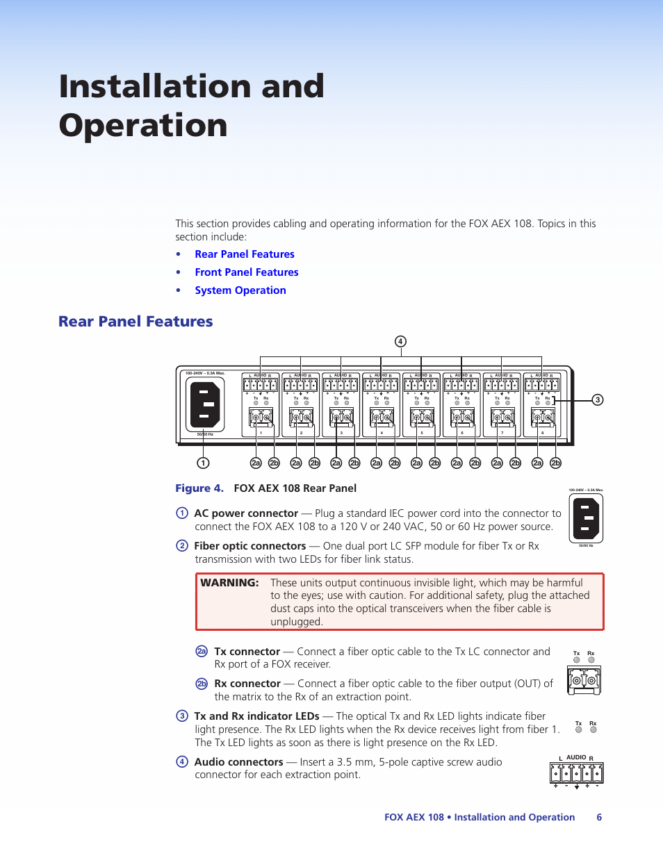 Installation and operation, Rear panel features, Figure 4. fox aex 108 rear panel | Extron Electronics FOX AEX 108 User Guide User Manual | Page 12 / 19