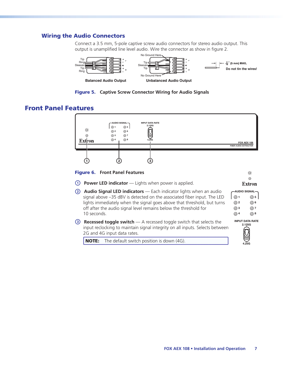 Wiring the audio connectors, Front panel features, Ab c | Extron Electronics FOX AEX 108 User Guide User Manual | Page 13 / 19