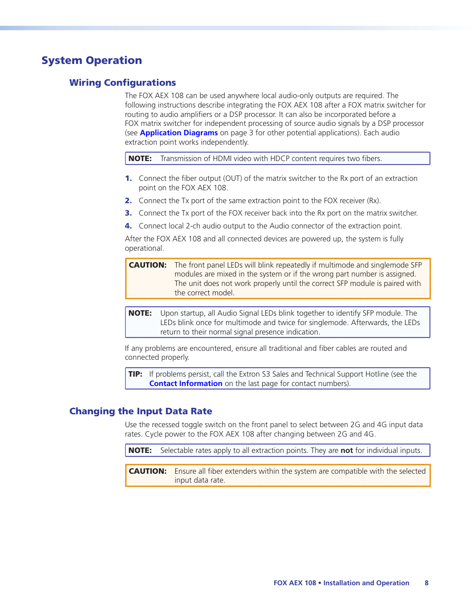 System operation, Wiring configurations, Changing the input data rate | Wiring configurations changing the input data rate | Extron Electronics FOX AEX 108 User Guide User Manual | Page 14 / 19
