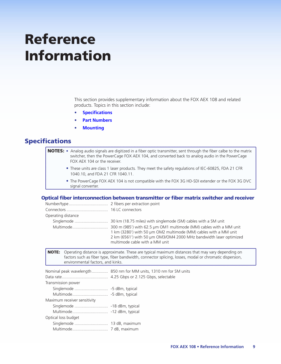 Reference information, Specifications | Extron Electronics FOX AEX 108 User Guide User Manual | Page 15 / 19