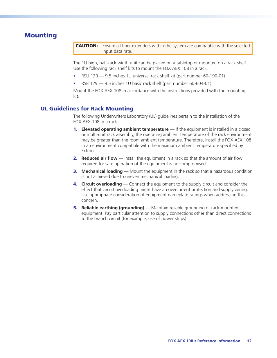 Mounting, Ul guidelines for rack mounting | Extron Electronics FOX AEX 108 User Guide User Manual | Page 18 / 19