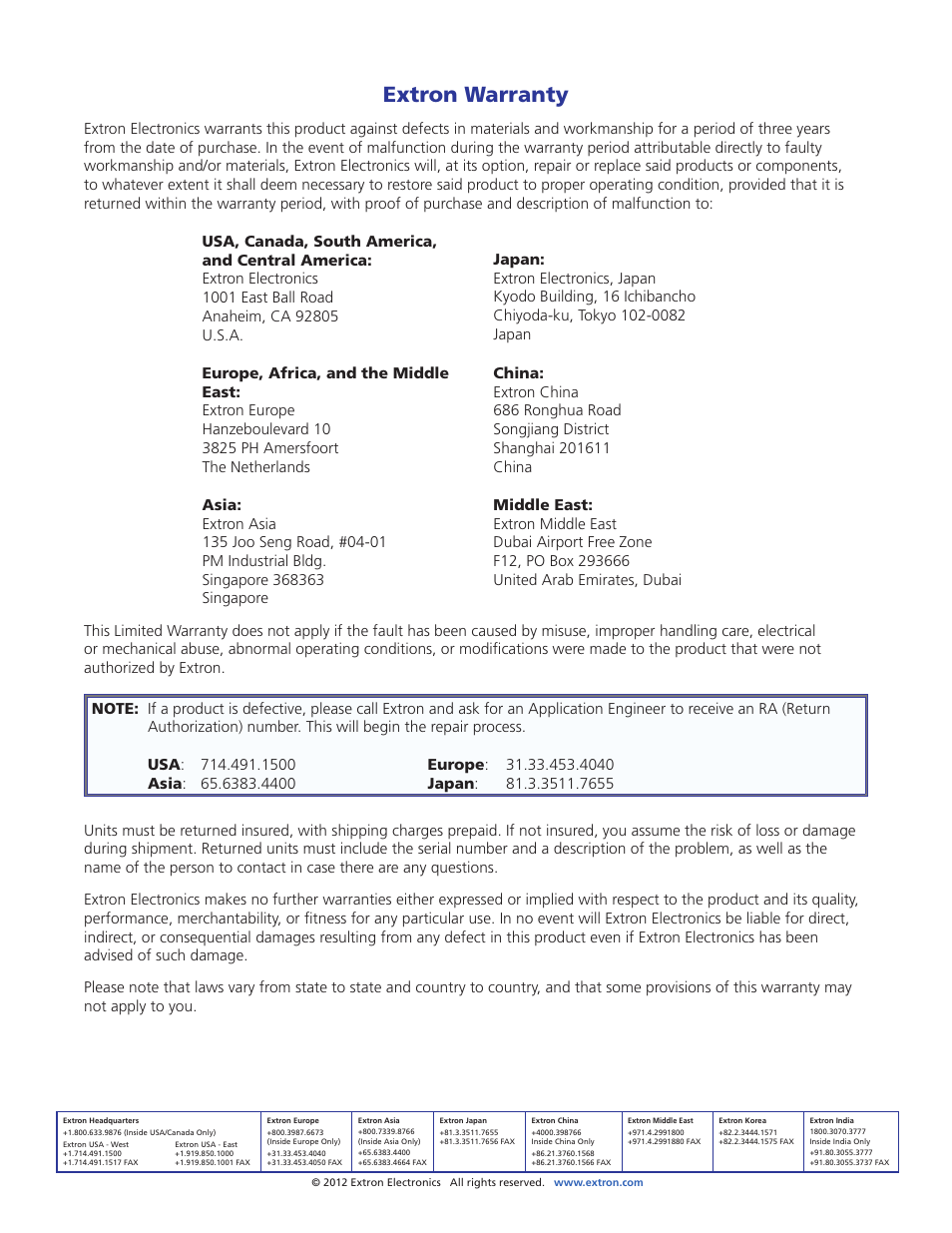 Extron warranty, Contact information extron warranty | Extron Electronics FOX AEX 108 User Guide User Manual | Page 19 / 19