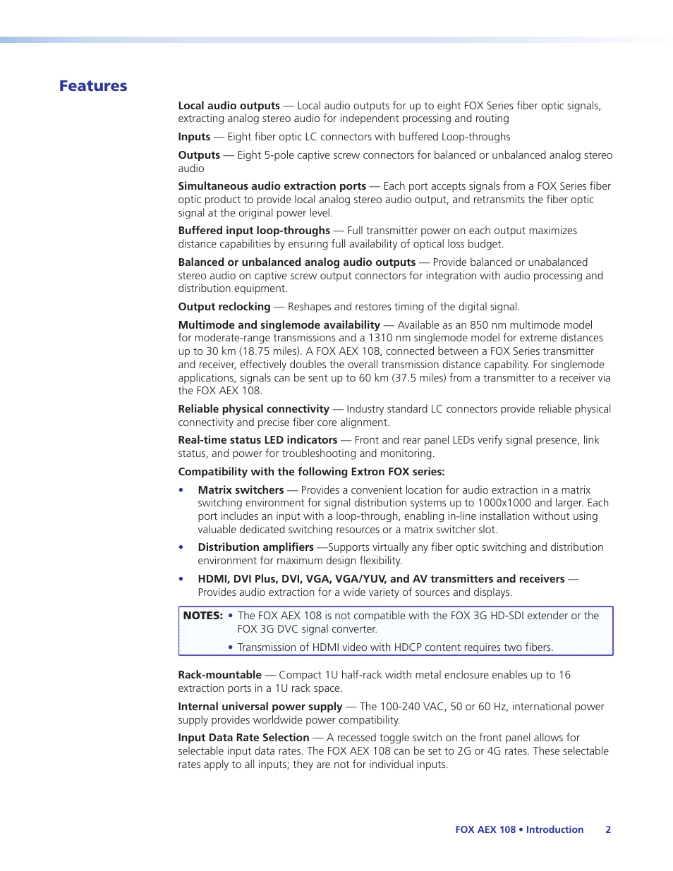 Features | Extron Electronics FOX AEX 108 User Guide User Manual | Page 8 / 19