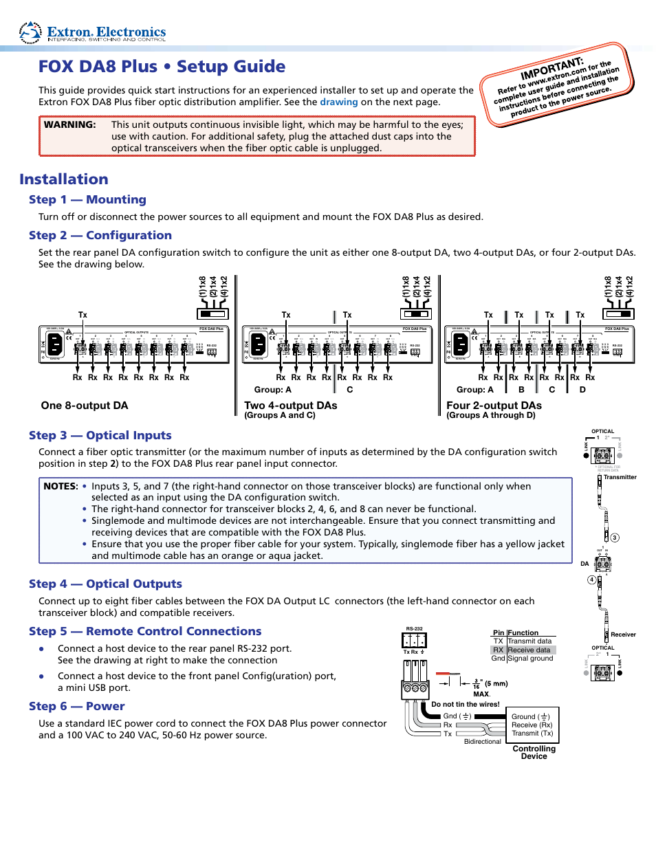 Extron Electronics FOX DA8 Plus Setup Guide User Manual | 2 pages