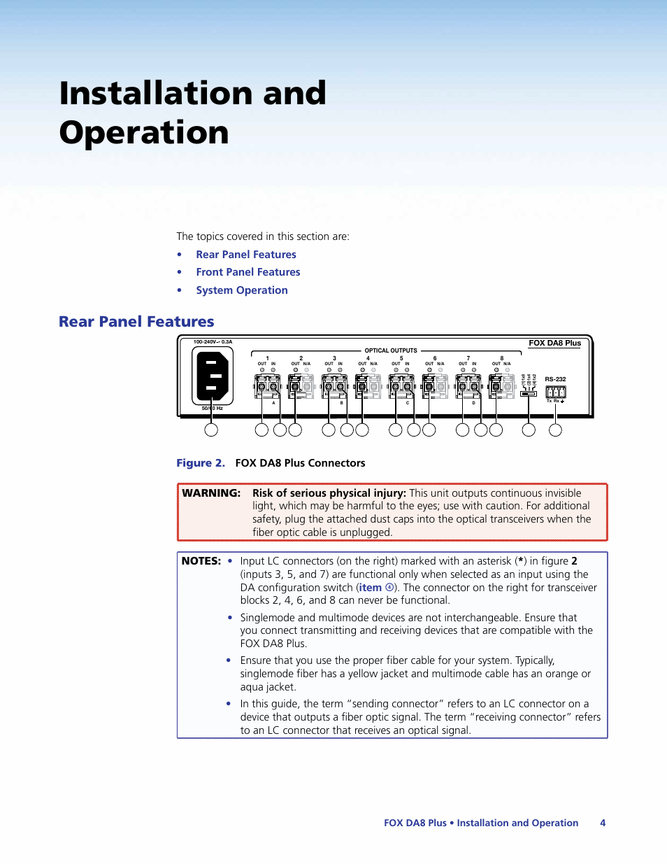 Installation and operation, Rear panel features | Extron Electronics FOX DA8 Plus User Guide User Manual | Page 10 / 29